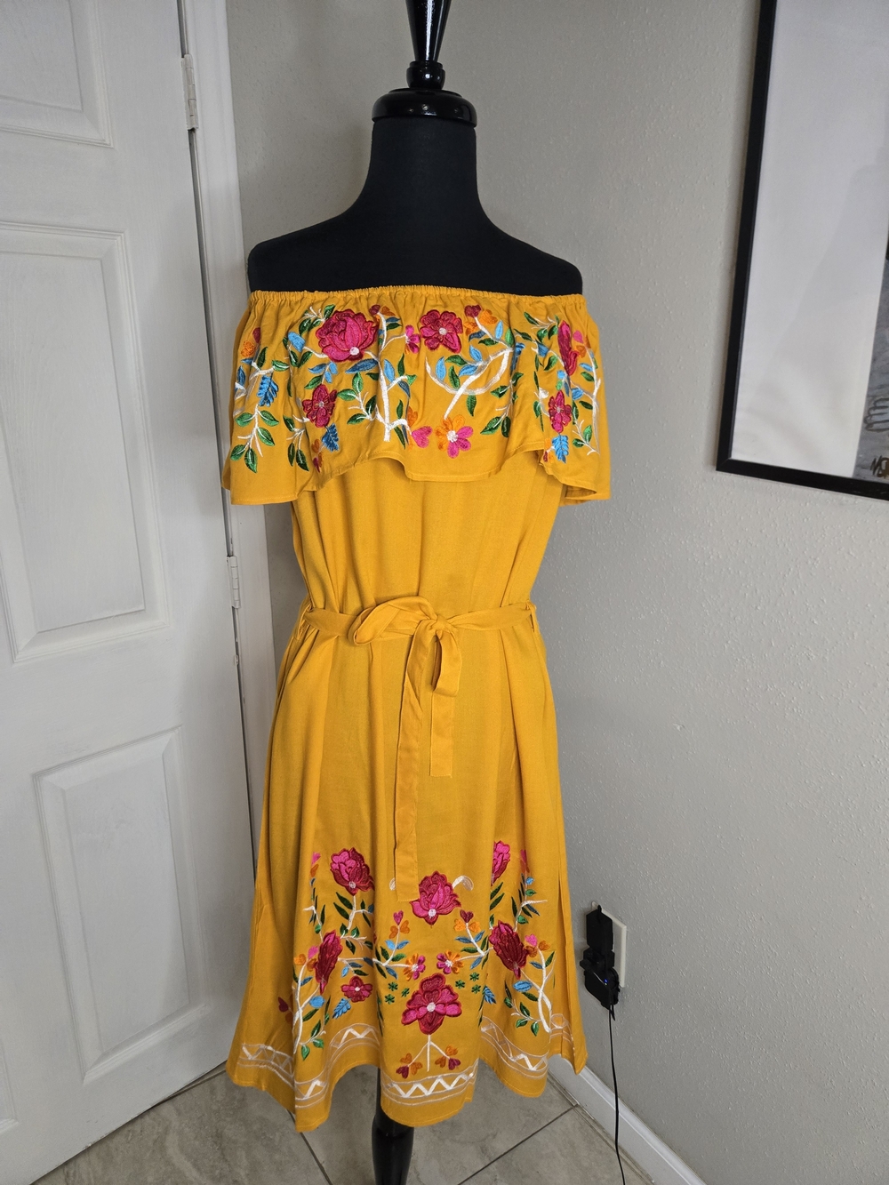 Yellow Off The Shoulder Embroidered Floral Dress with Waist Tie